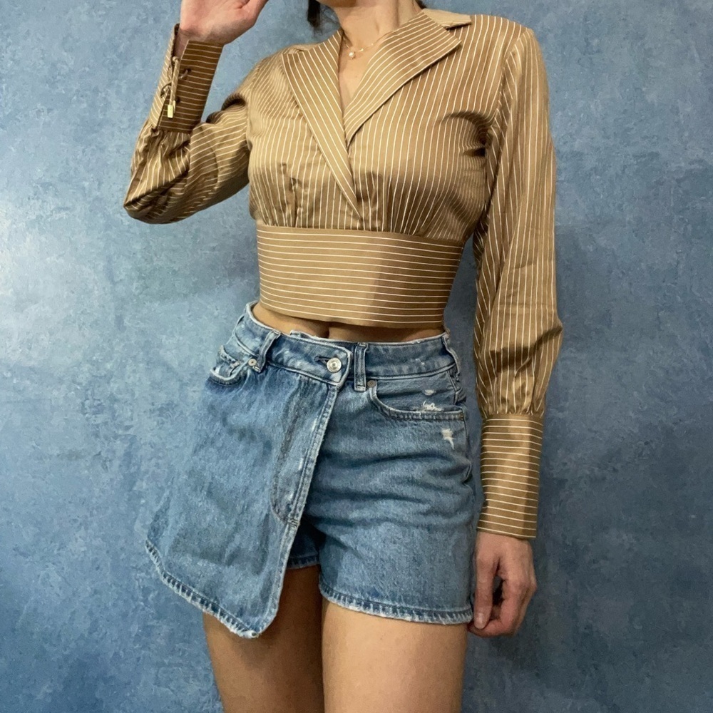 Nashional Permit Striped Cropped Collar Shirt - Picture 2 of 4